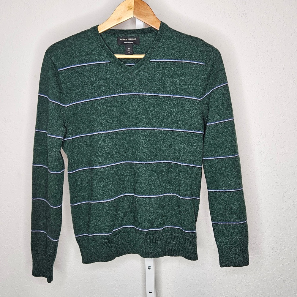 Banana Republic Merino Wool Sweater Green Striped V‎ Neck Lightweight Men's Med
